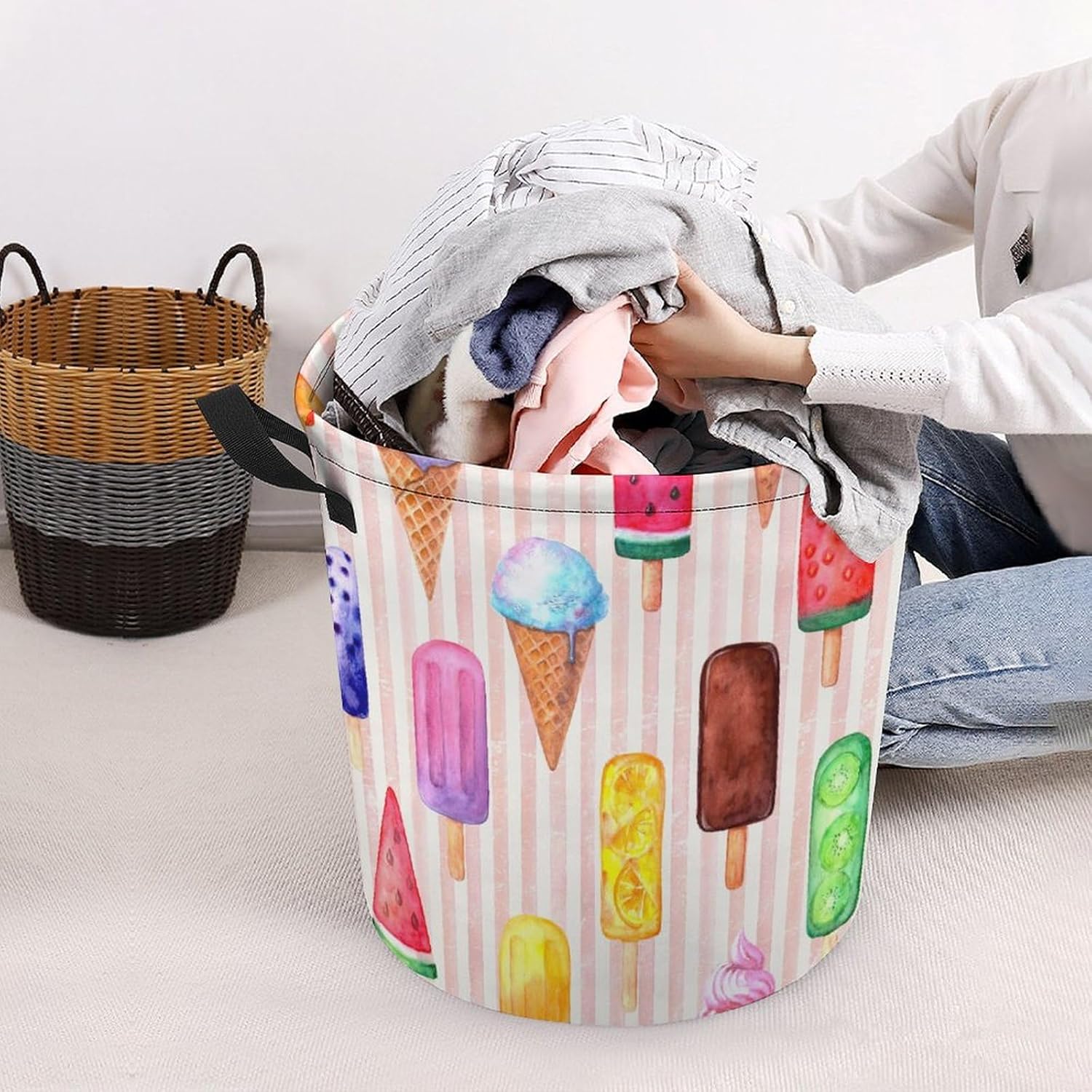 Retro Watercolor Ice Cream Laundry Basket with Handles