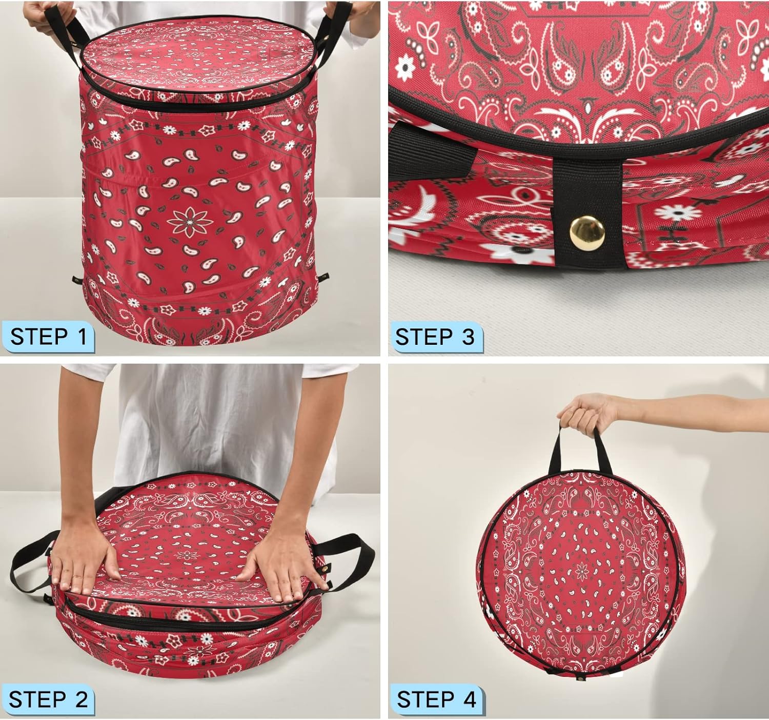 Red Bandana Print Paisley Laundry Hamper with Zipper Lid