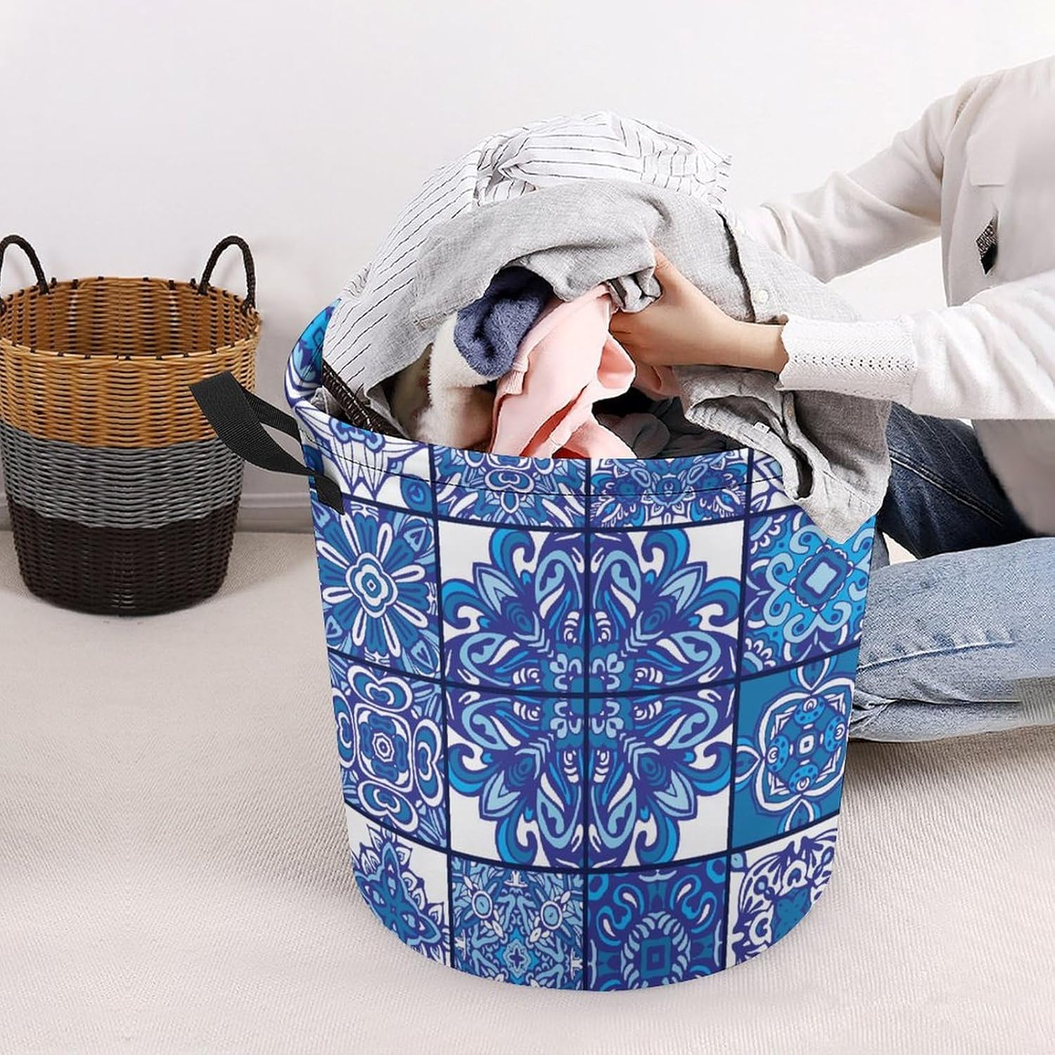 Blue Ethnic Tiles Geometric Laundry Hamper