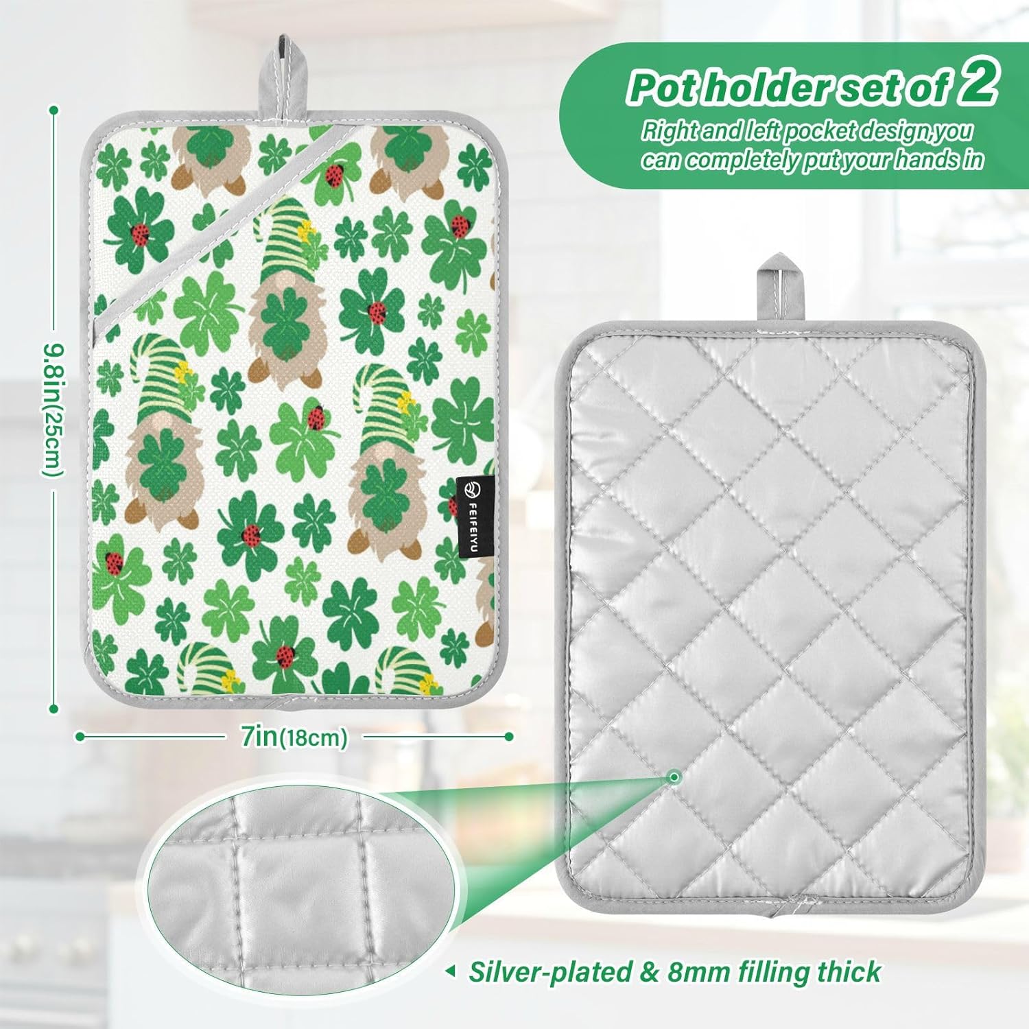 Kcldeci Lucky Green Clover Leaves with Gnomes Heat Resistant Potholders