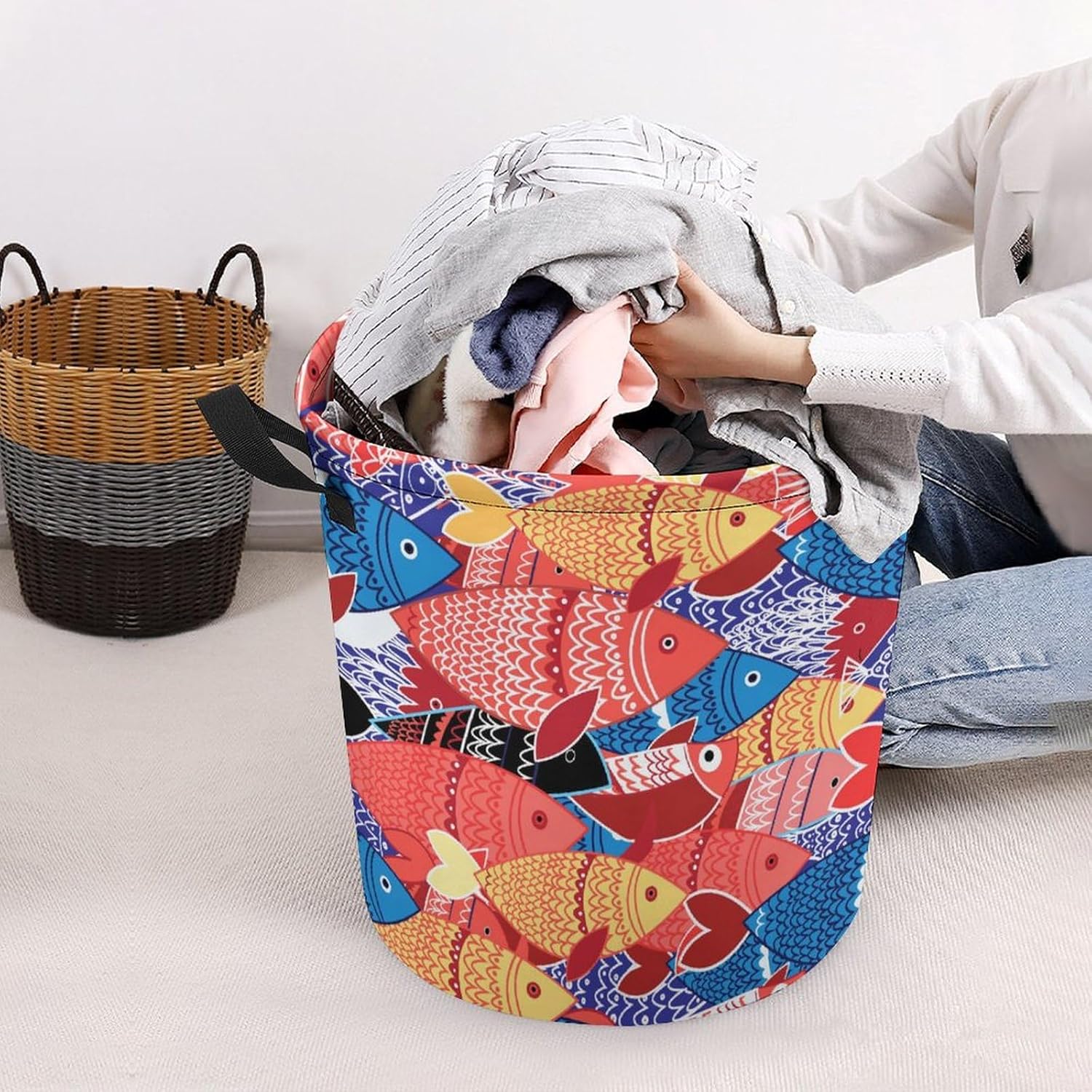 Cute Sea Animal Waterproof Laundry Hamper with Easy Carry Handles
