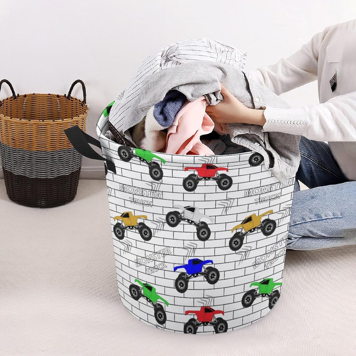 MEIKKO Multicolored Cars Monster Track Laundry Hamper