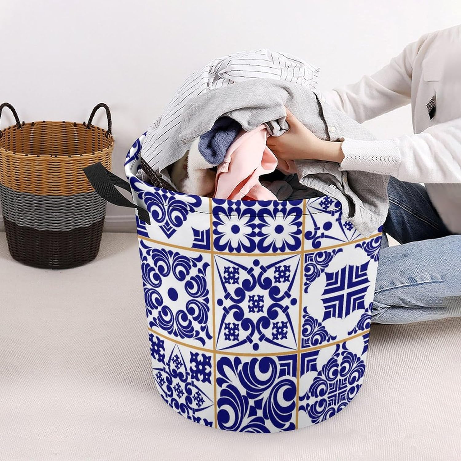 MEIKKO Blue Patchwork Tile Laundry Hamper