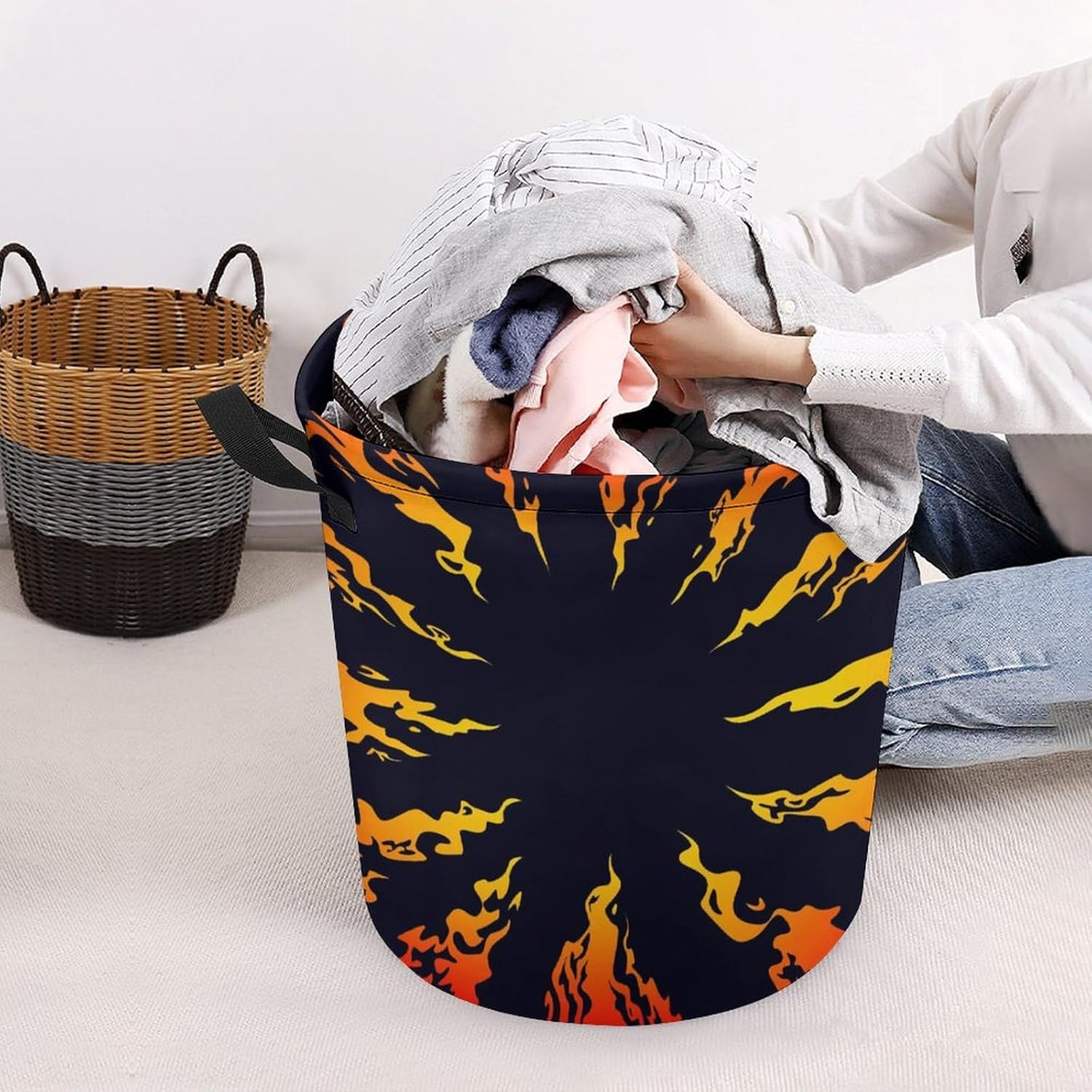 Fire Black Background Waterproof Laundry Hamper with Easy Carry Handles