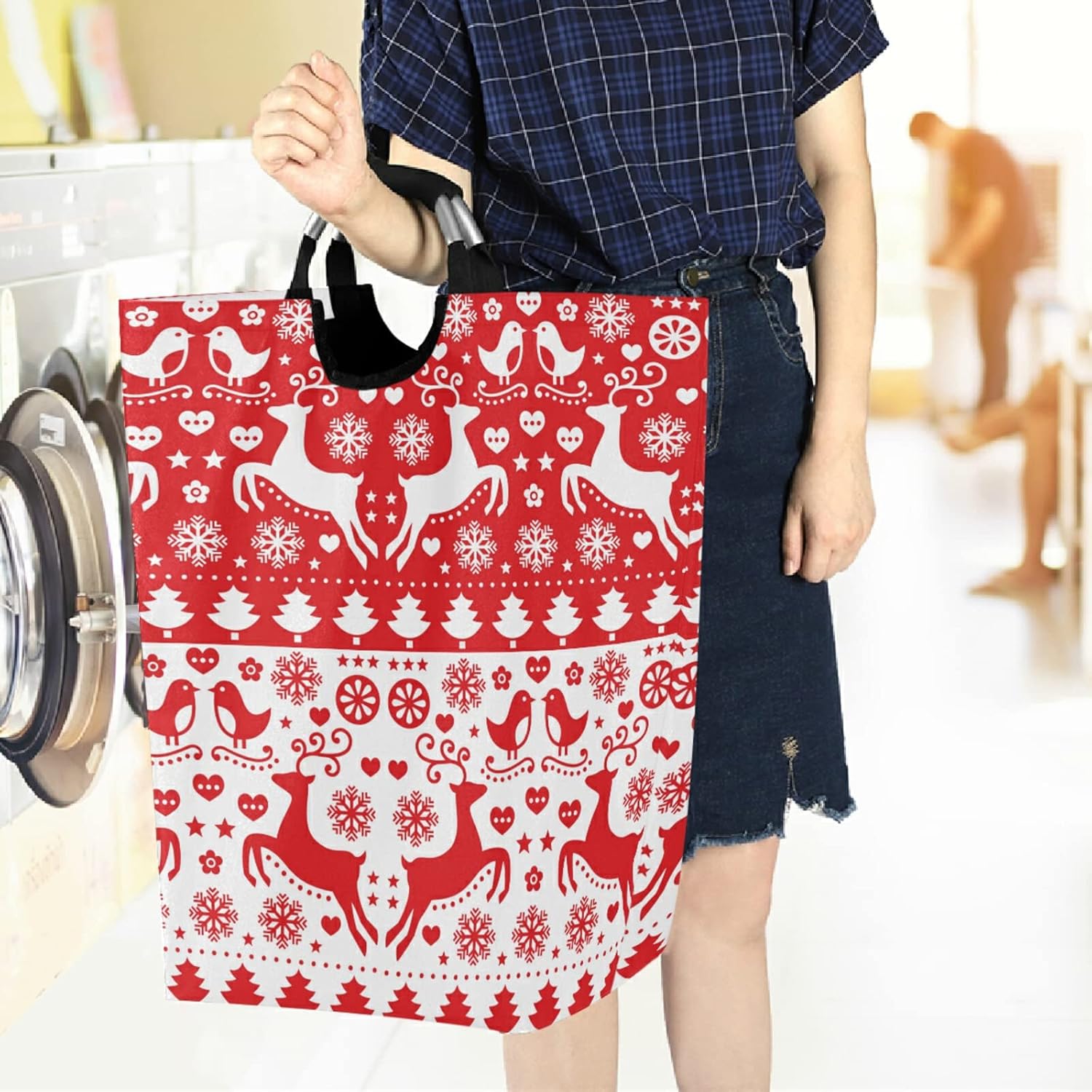 Visesunny Christmasred Reindeer Puzzle Water-Resistant Laundry Hamper Basket