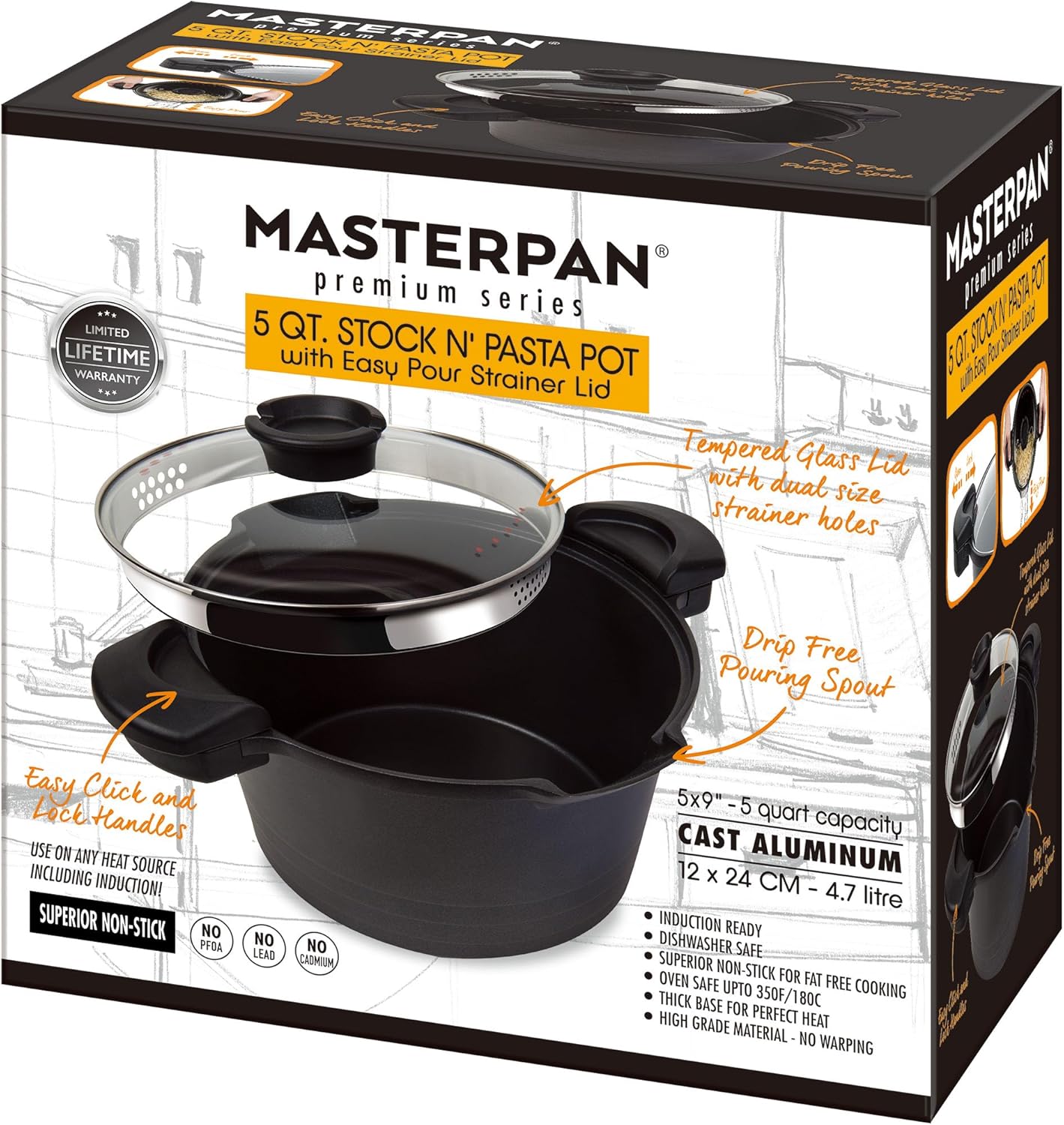 5 QT Non-Stick Stock N Pasta Pot with Easy Pour Strainer 9