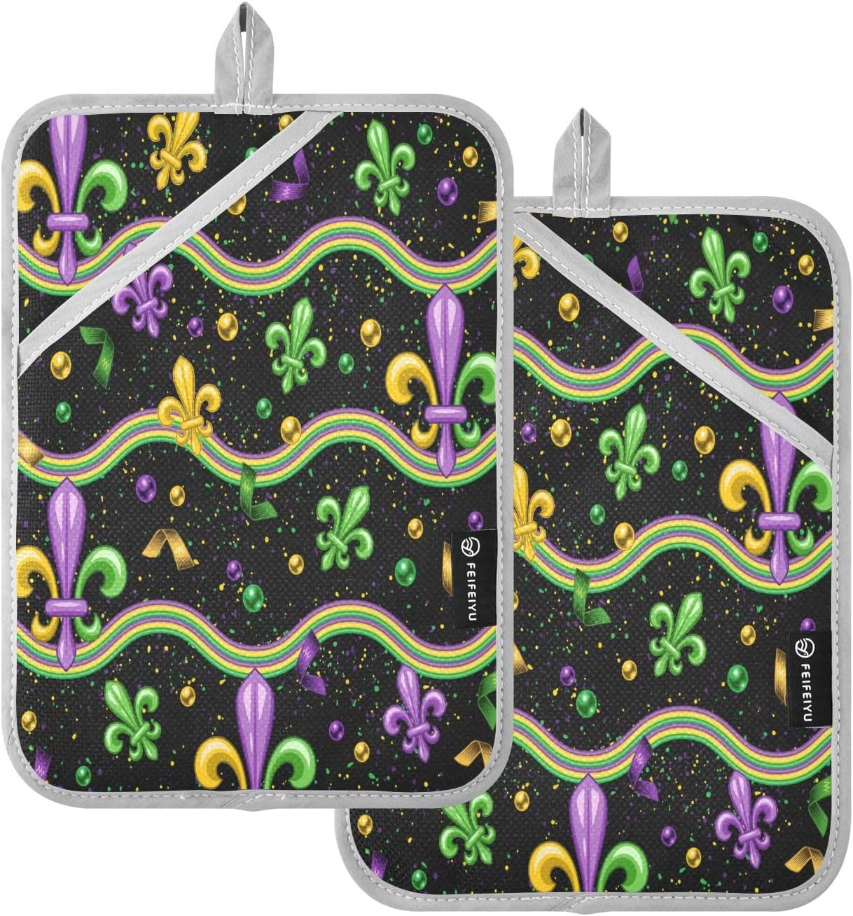 Mardi Gras Wavy Stripes Oven Mitts Heat-Resistant 2-Piece Set