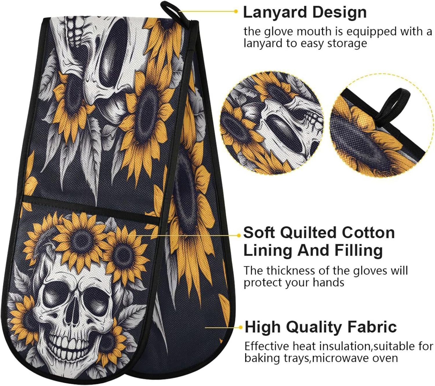 Halloween Skeleton Sunflower Oven Mitt Potholder Heat Resistant Over-the-Shoulder Design