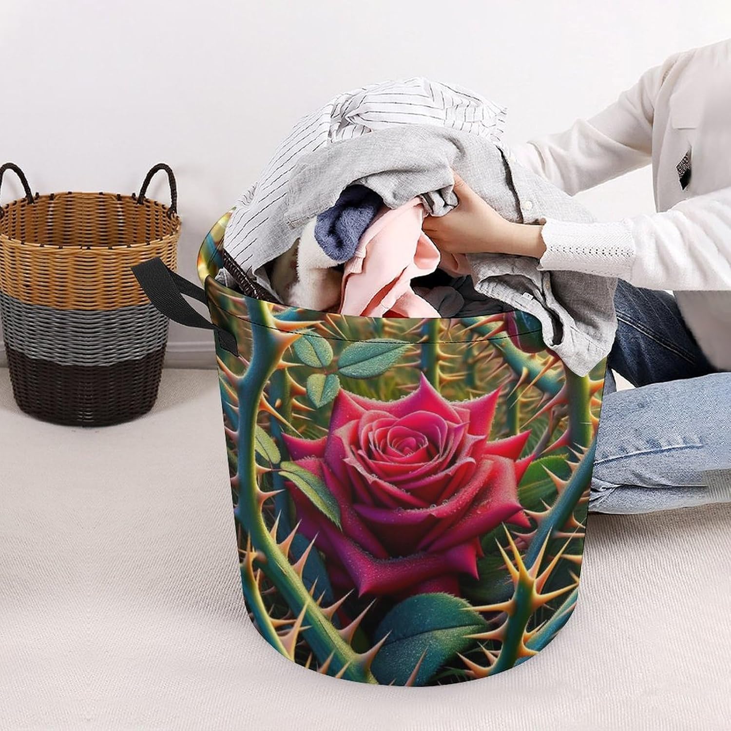 MEIKKO Rose Among Thorns Laundry Hamper Waterproof Collapsible
