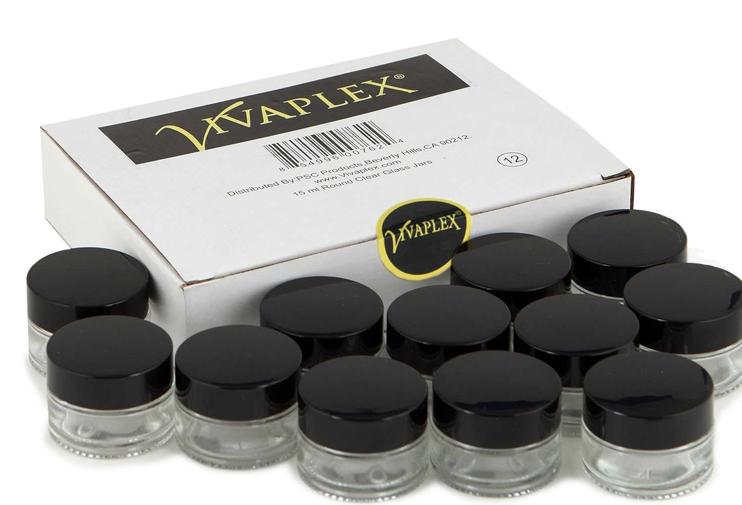 Vivaplex 12 Clear 15 ml Glass Jars with Inner Liners and Black Lids