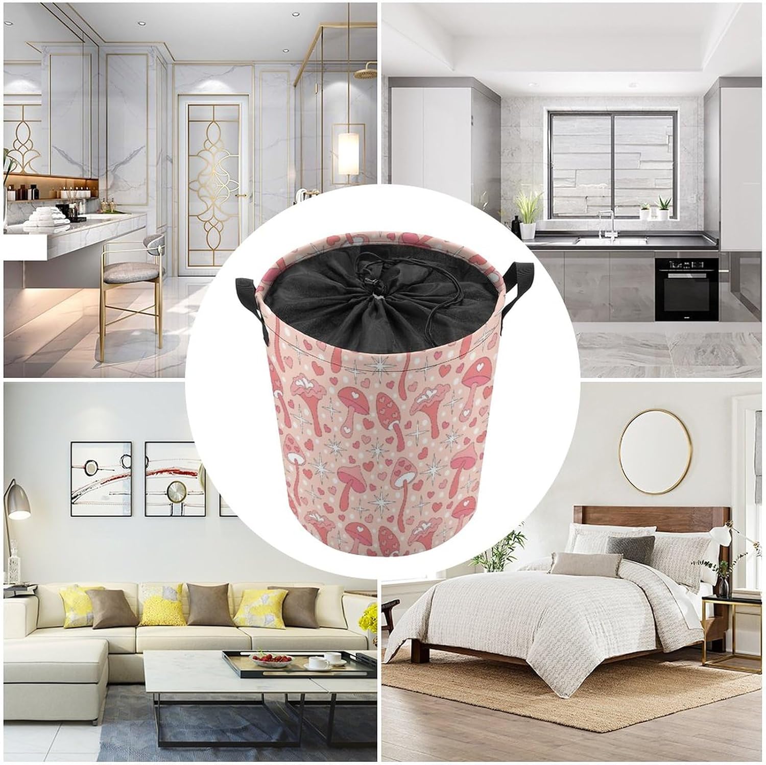 MEIKKO Vintage Pink Mushroom Laundry Basket - Retro Design Waterproof Collapsible Storage Solutions