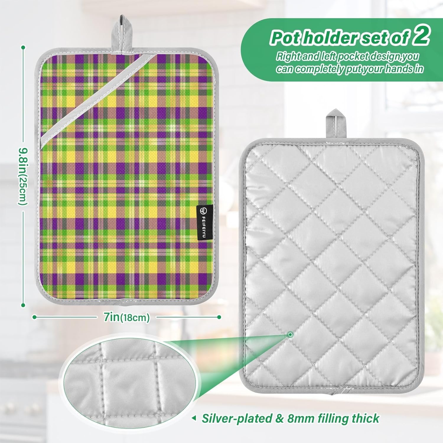 Kcldeci Mardi Gras Plaid Heat-Resistant Potholder Set 2-Pack