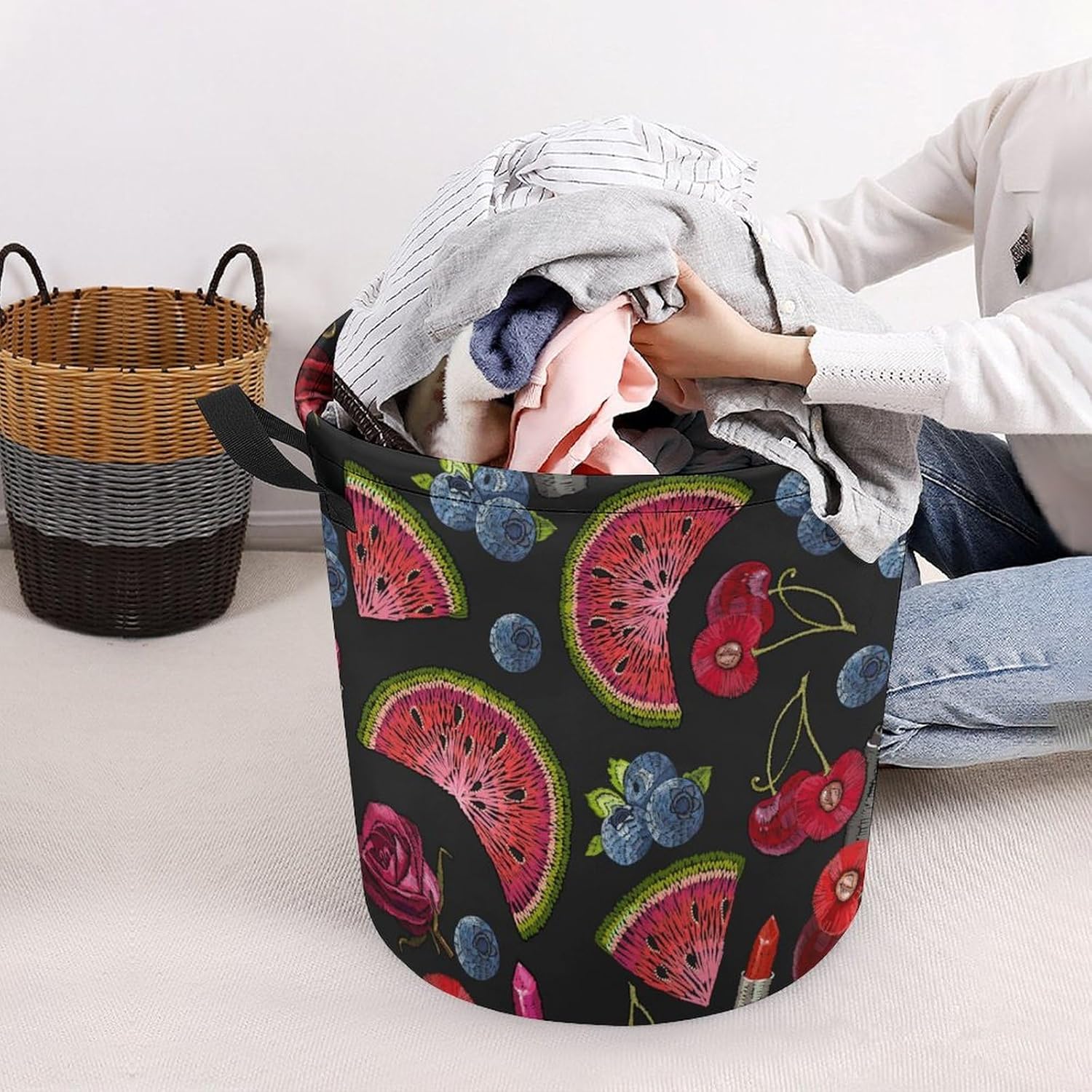 Cherry Watermelon Laundry Basket Durable Collapsible Hanger for Family Travel