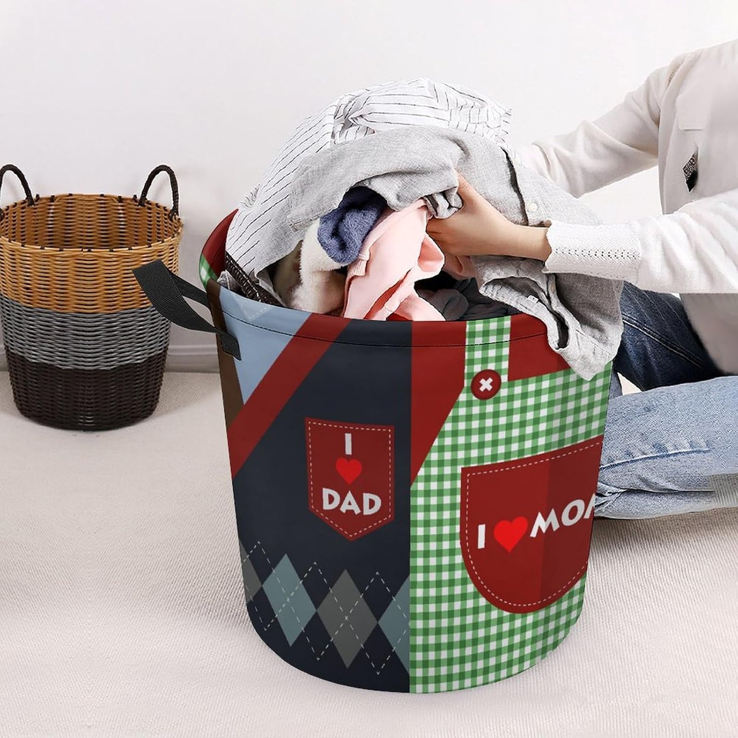I Love Mom Water-Resistant Collapsible Laundry Basket Family-Friendly Use