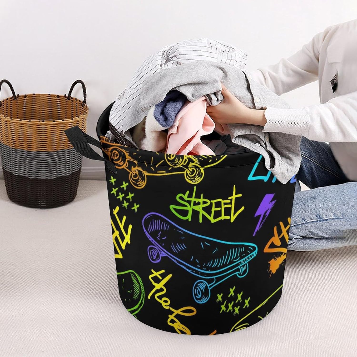 Colourful Skateboard Laundry Hamper Urban Style Waterproof Clothes Basket with Handles