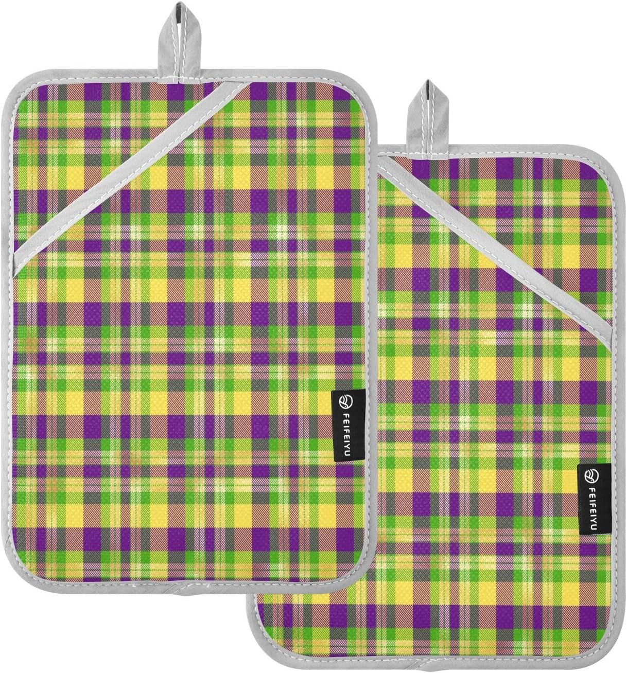 Kcldeci Mardi Gras Plaid Heat-Resistant Potholder Set 2-Pack