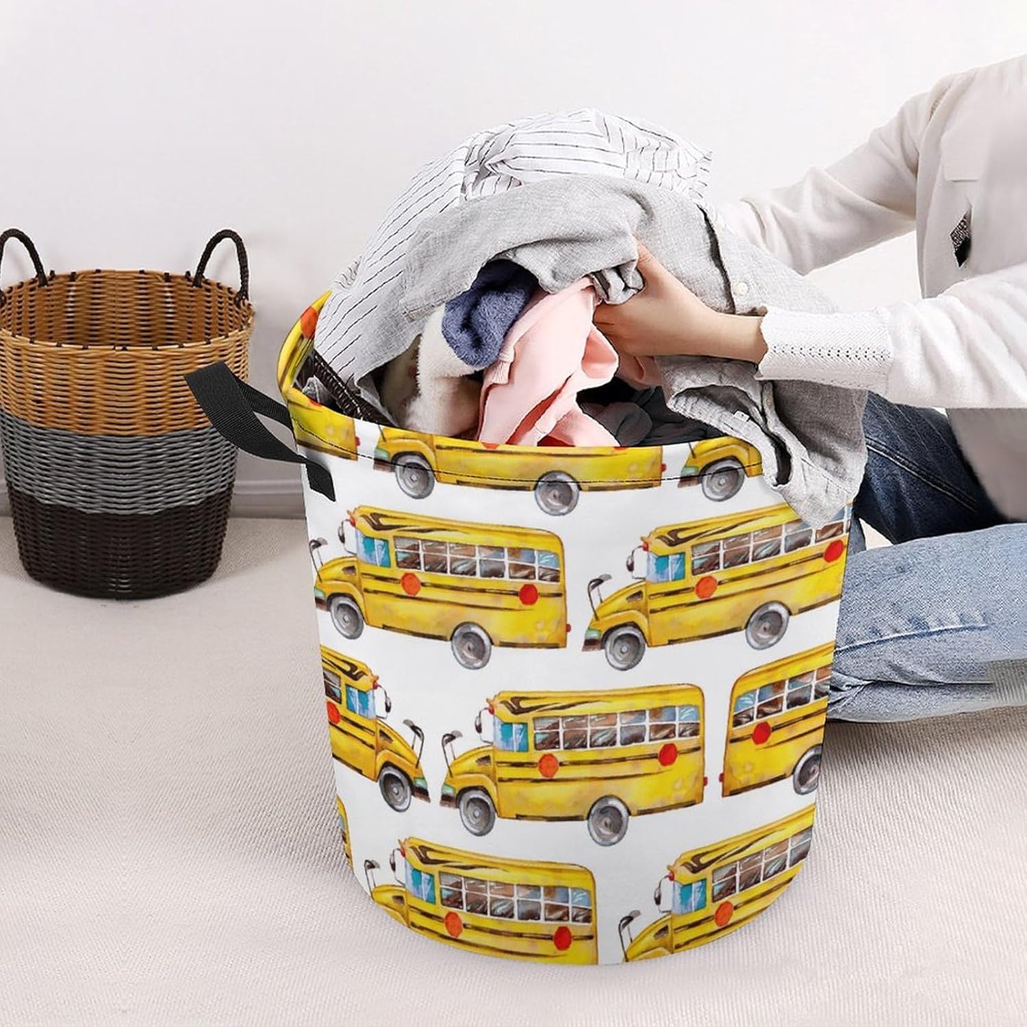 Meiko Cute Yellow Bus Rainbow Laundry Hamper