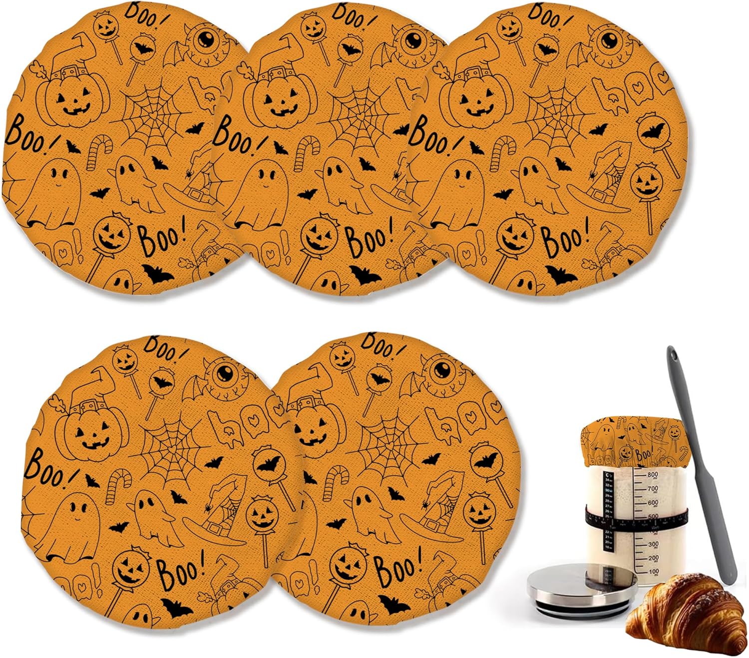 IGPPDO Halloween Pumpkin Cloth Lid Covers for Sourdough Starter Jar 5-Pack